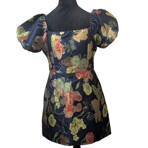 Lulus Navy Blue Floral Brocade Puff Sleeve Mini Dress Size Large Metallic Party